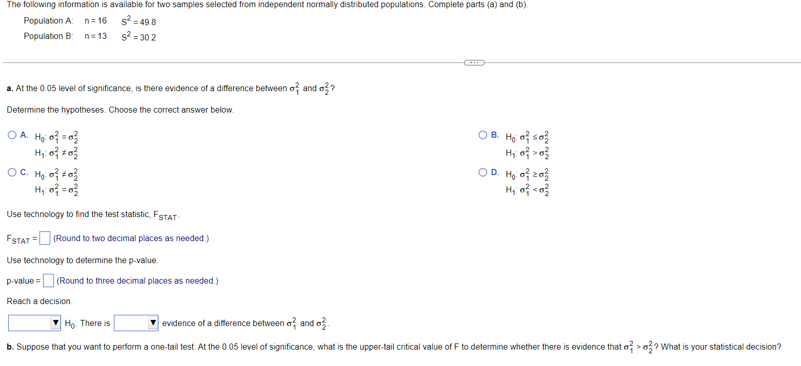 The Following Information Is Available For Two Samples Selected From Independent Normally Distributed Populations Compl 1