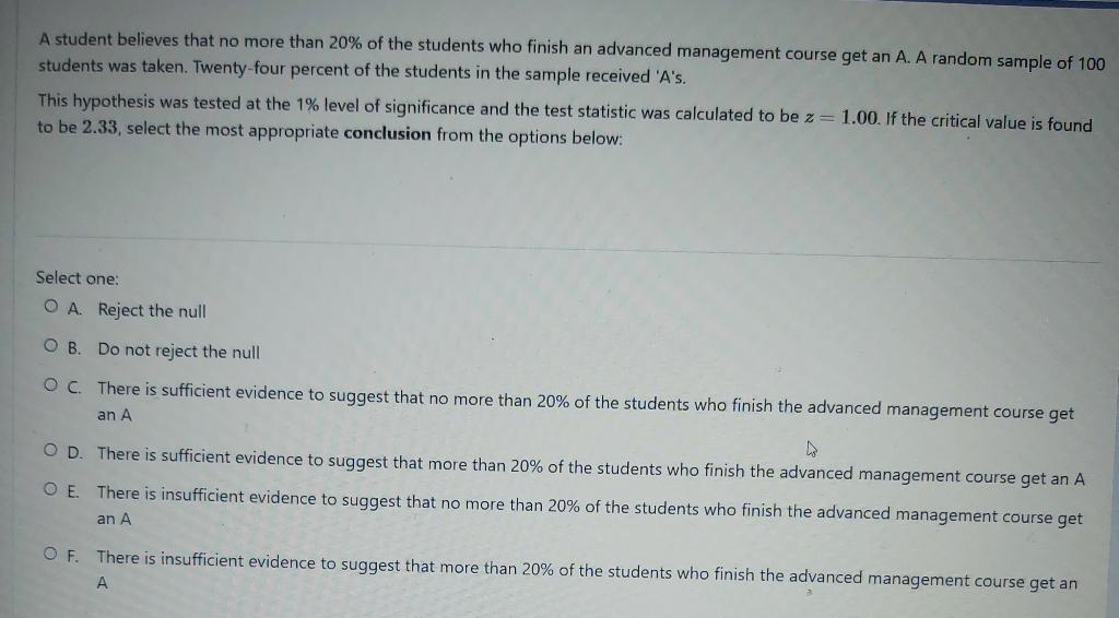 A Student Believes That No More Than 20 Of The Students Who Finish An Advanced Management Course Get An A A Random Sam 1