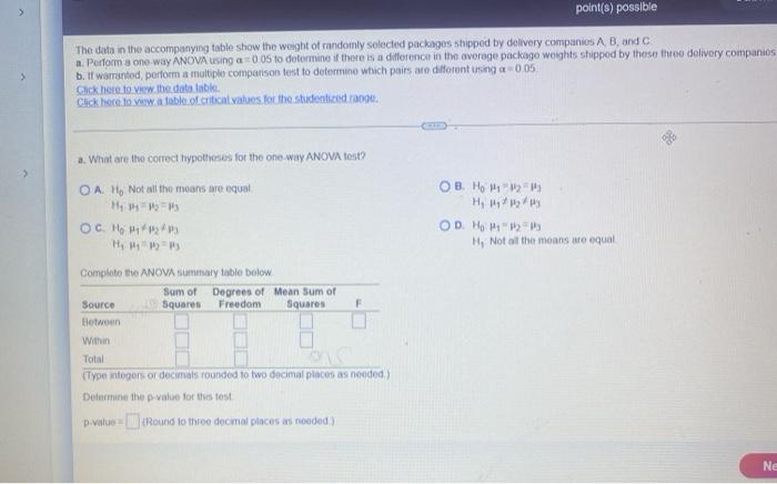 The Data In The Accompanying Tablo Show The Weight Of Randomly Selected Packages Shipped By Delivery Companies A B And 2