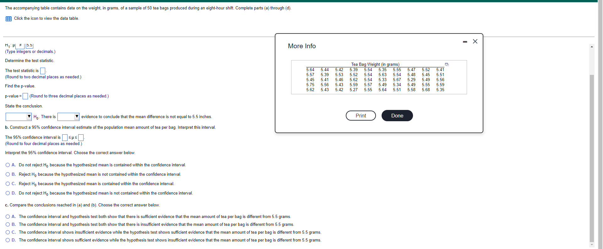 The Accompanying Table Contains Data On The Weight In Grams Of A Sample Of 50 Tea Bags Produced During An Eight Hour S 1