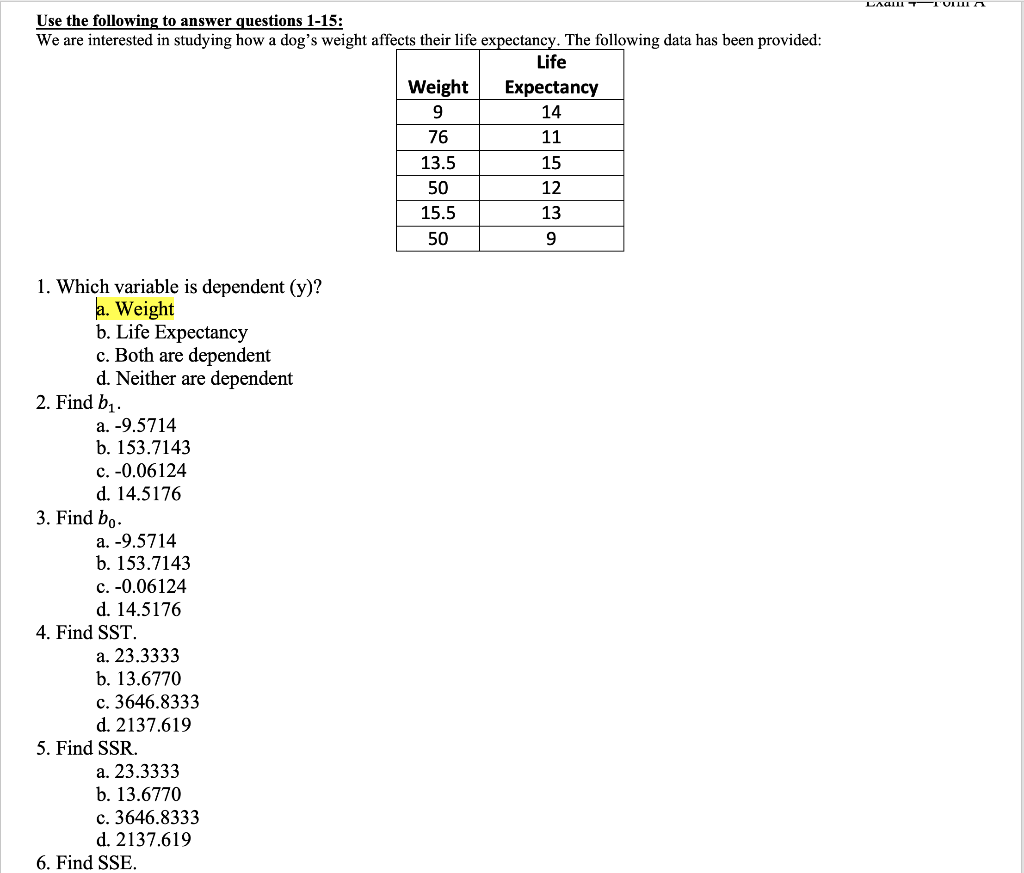 Laci Tuli Use The Following To Answer Questions 1 15 We Are Interested In Studying How A Dog S Weight Affects Their Lif 1