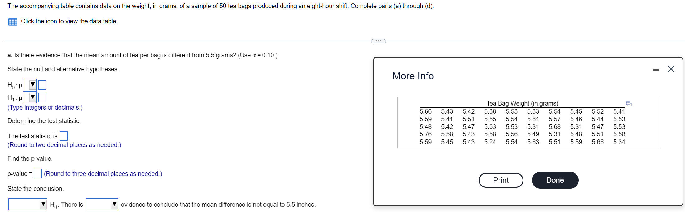 The Accompanying Table Contains Data On The Weight In Grams Of A Sample Of 50 Tea Bags Produced During An Eight Hour S 1
