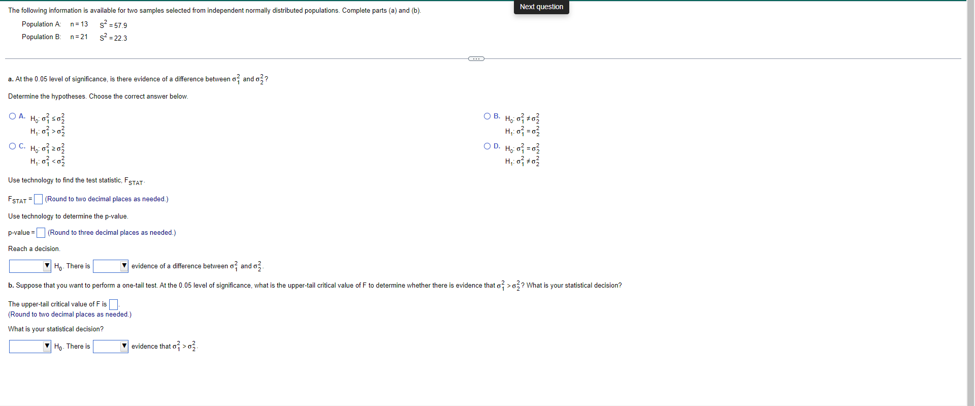Next Question The Following Information Is Available For Two Samples Selected From Independent Normally Distributed Popu 1