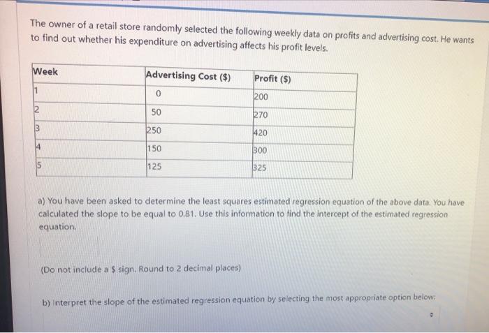 The Owner Of A Retail Store Randomly Selected The Following Weekly Data On Profits And Advertising Cost He Wants To Fin 1