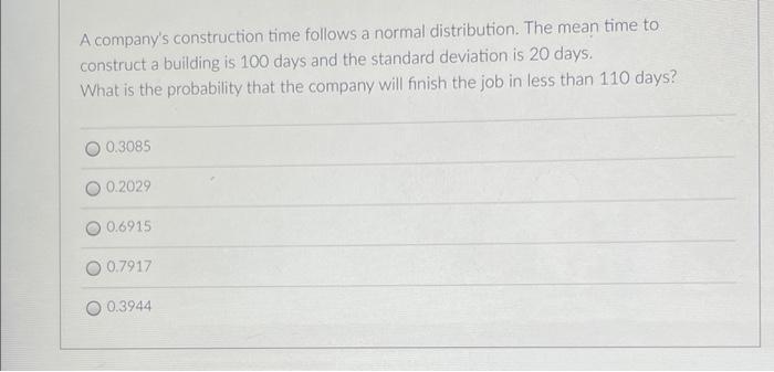 A A Company S Construction Time Follows A Normal Distribution The Mean Time To Construct A Building Is 100 Days And The 1