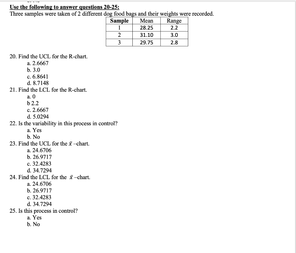 Use The Following To Answer Questions 20 25 Three Samples Were Taken Of 2 Different Dog Food Bags And Their Weights Wer 1