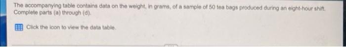 The Accompanying Table Contains Data On The Weight In Grams Of A Sample Of 50 Tea Bags Produced During An Eight Hour S 1