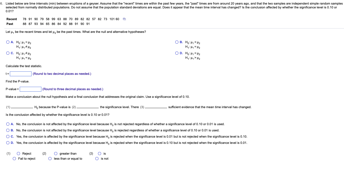 6 Listed Below Are Time Intervals Min Between Eruptions Of A Geyser Assume That The Recent Times Are Within The Pa 1