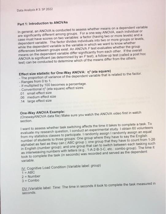 Data Analysis 3 Sp 2022 Part 1 Introduction To Anovas In General An Anova Is Conducted To Assess Whether Means On A 1