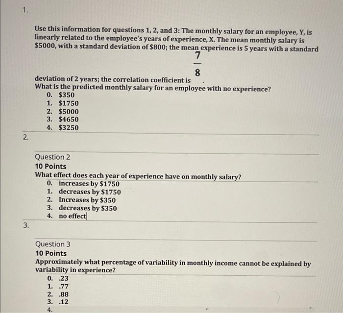 1 Use This Information For Questions 1 2 And 3 The Monthly Salary For An Employee Y Is Linearly Related To The Emp 1