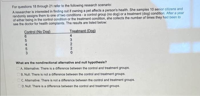 For Questions 18 Through 21 Refer To The Following Research Scenario A Researcher Is Interested In Finding Out If Ownin 1