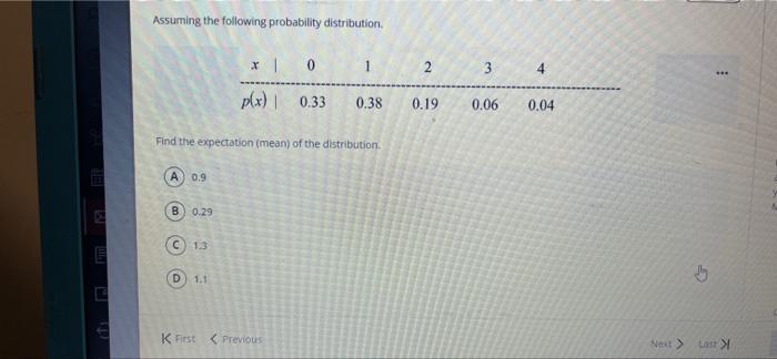 Assuming The Following Probability Distribution X 1 0 1 2 3 3 4 P X 0 33 0 38 0 19 0 06 0 04 Find The Expectation Mean 1