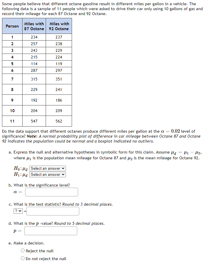 Some People Believe That Different Octane Gasoline Result In Different Miles Per Gallon In A Vehicle The Following Data 1