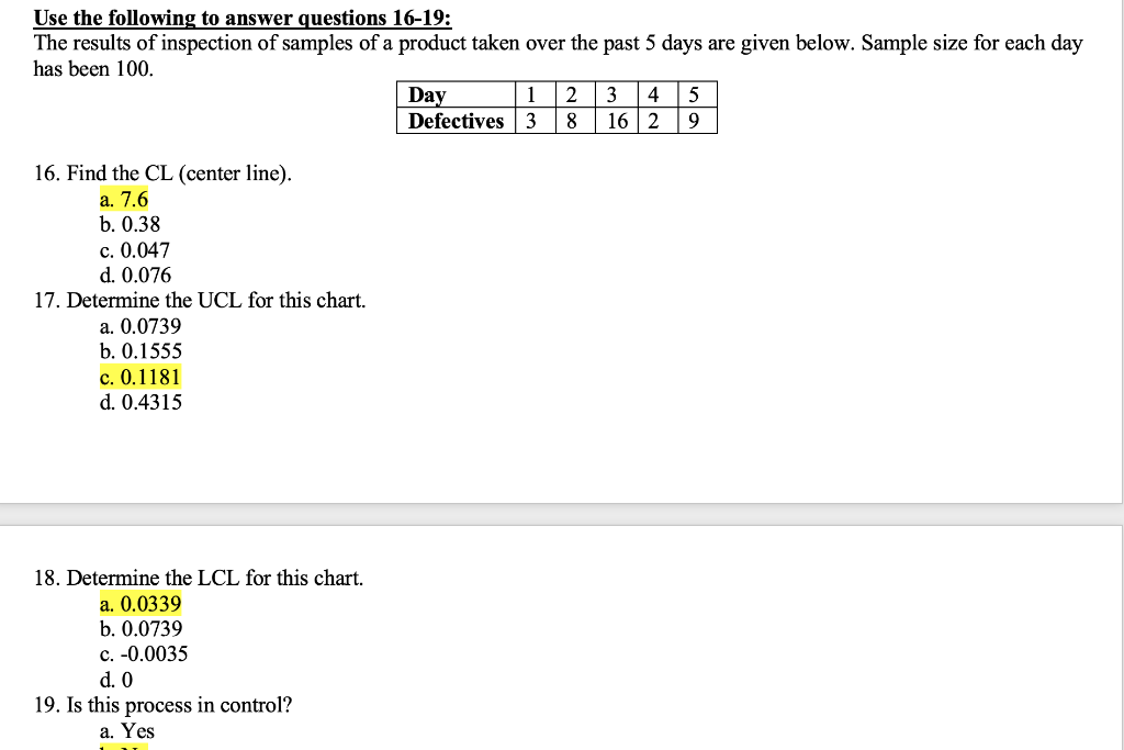 Use The Following To Answer Questions 16 19 The Results Of Inspection Of Samples Of A Product Taken Over The Past 5 Day 1