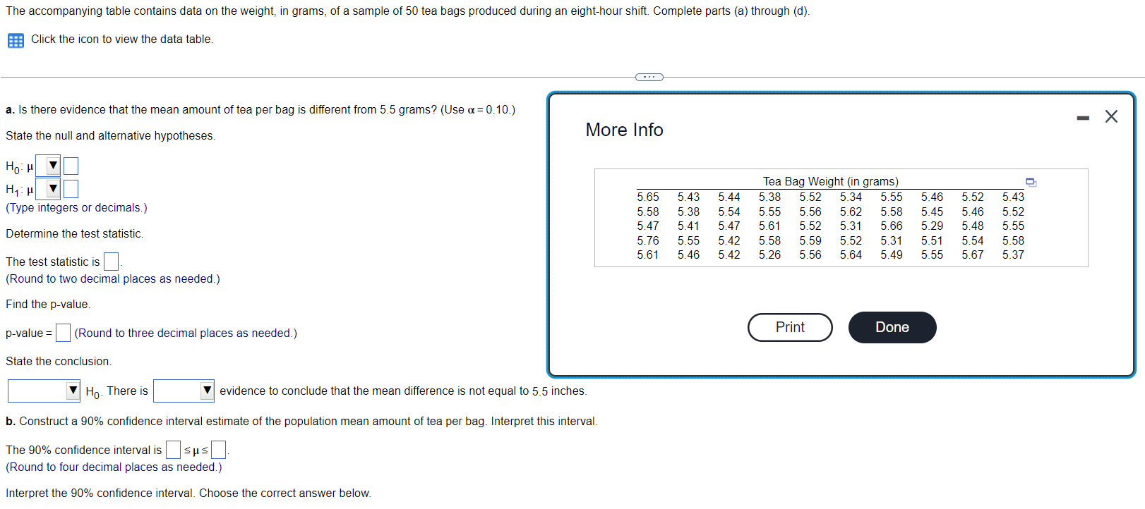 The Accompanying Table Contains Data On The Weight In Grams Of A Sample Of 50 Tea Bags Produced During An Eight Hour S 1