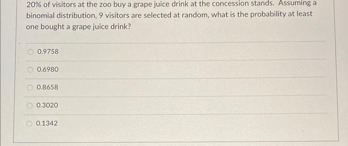 20 Of Visitors At The Zoo Buy A Grape Juice Drink At The Concession Stands Assuming A Binomial Distribution 9 Visitor 1