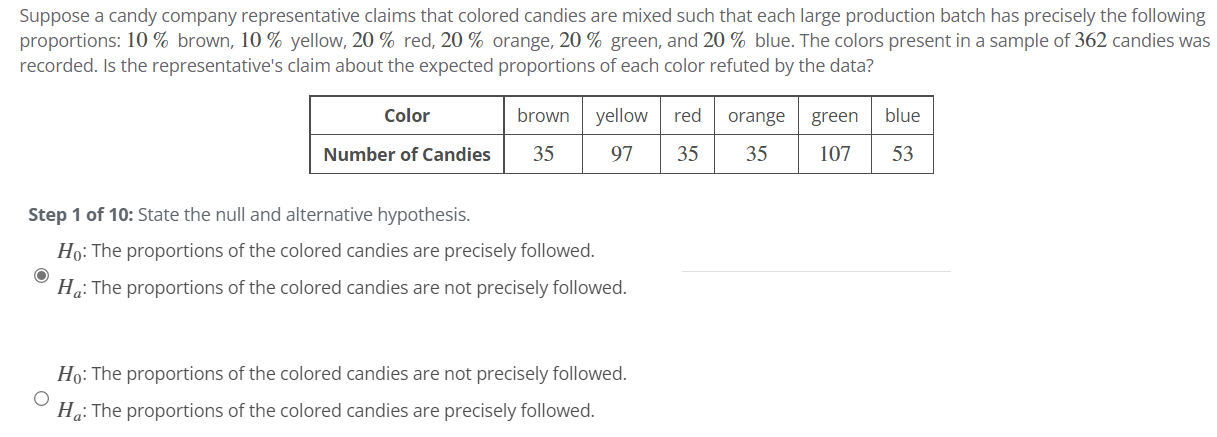 Step 2 Of 10 What Does The Null Hypothesis Indicate About The Proportions Of Candies Of Each Color Step 3 Of 10 State 1
