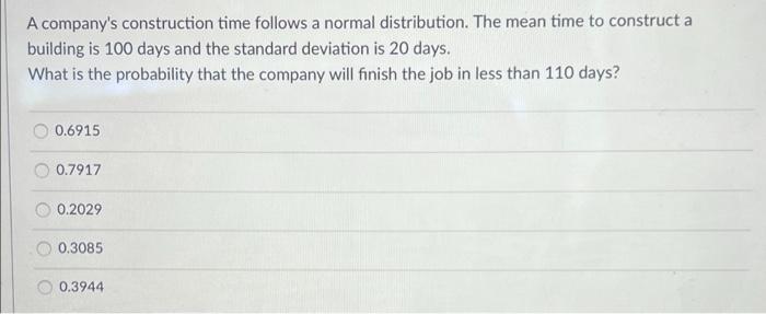 A Company S Construction Time Follows A Normal Distribution The Mean Time To Construct A Building Is 100 Days And The S 1
