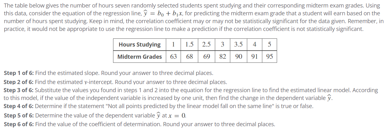 The Table Below Gives The Number Of Hours Seven Randomly Selected Students Spent Studying And Their Corresponding Midter 1