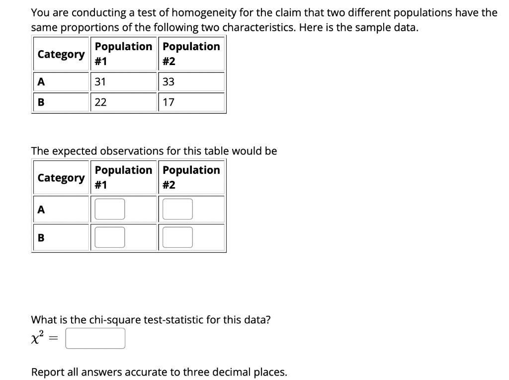 You Are Conducting A Test Of Homogeneity For The Claim That Two Different Populations Have The Same Proportions Of The F 1