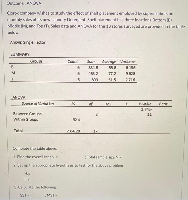 Outcome Anova Clorox Company Wishes To Study The Effect Of Shelf Placement Employed By Supermarkets On Monthly Sales Of 1