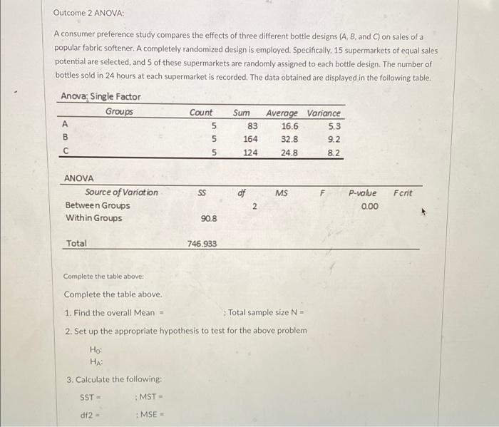 Outcome 2 Anova A Consumer Preference Study Compares The Effects Of Three Different Bottle Designs A B And C On Sal 1
