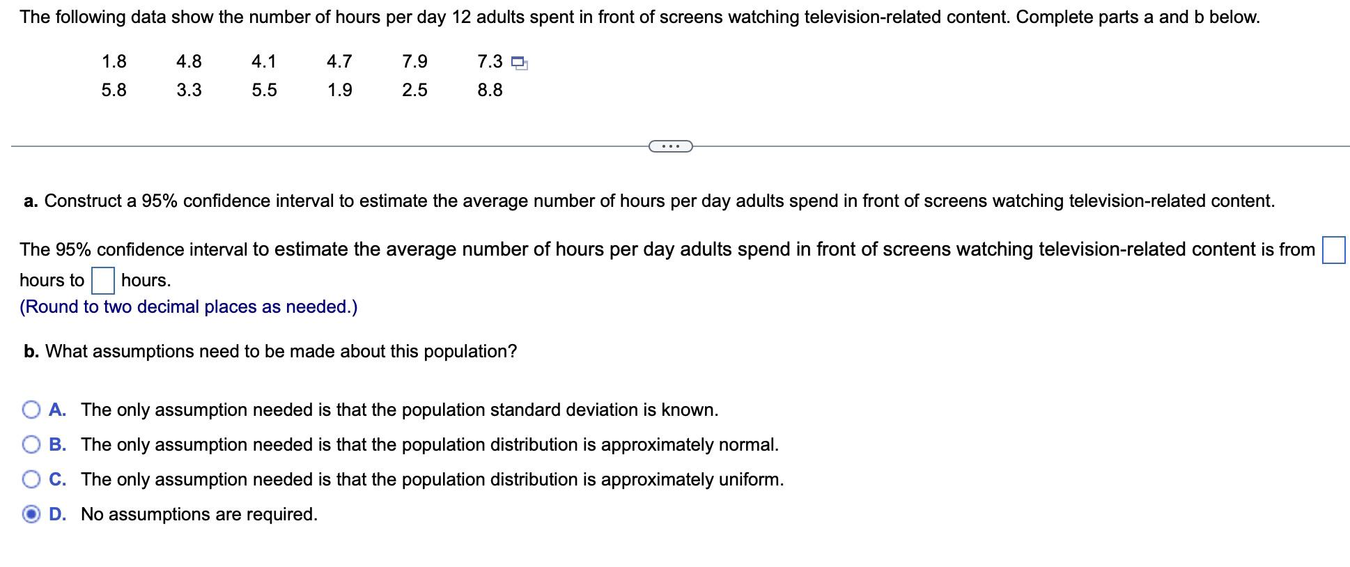 The Following Data Show The Number Of Hours Per Day 12 Adults Spent In Front Of Screens Watching Television Related Cont 1
