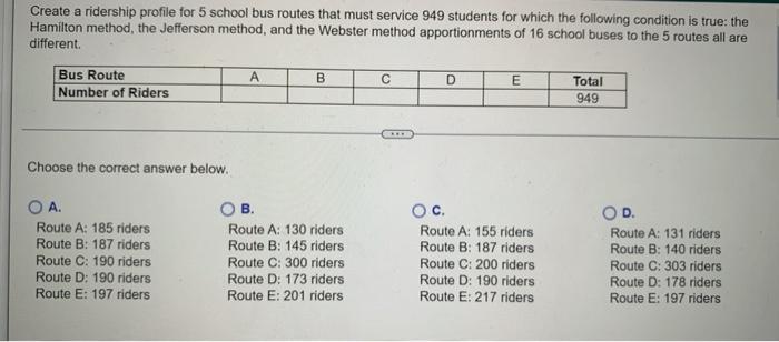 Create A Ridership Profile For 5 School Bus Routes That Must Service 949 Students For Which The Following Condition Is T 1