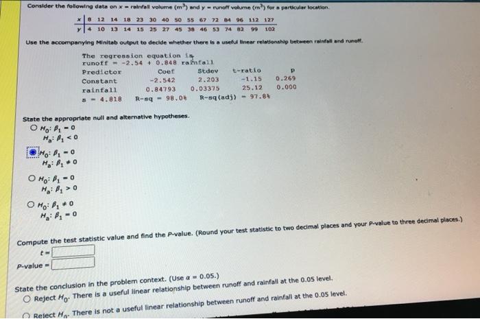 Consider The Following Data On X Rafall Volume M And Y Runor Volume Ml For A Particular Location 8 12 14 18 23 1