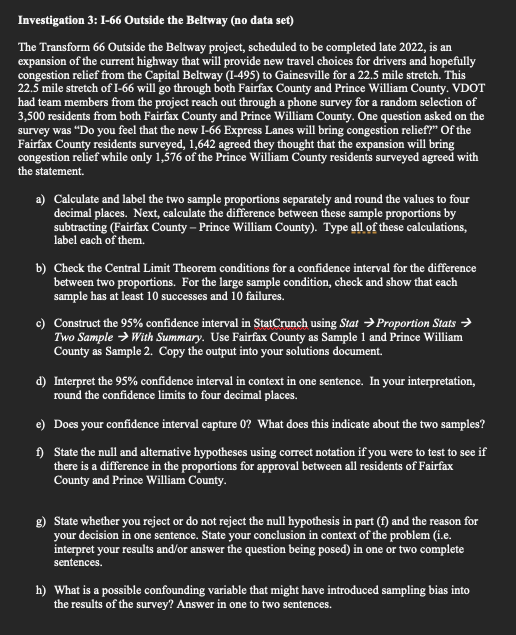 Investigation 3 1 66 Outside The Beltway No Data Set The Transform 66 Outside The Beltway Project Scheduled To Be Co 1