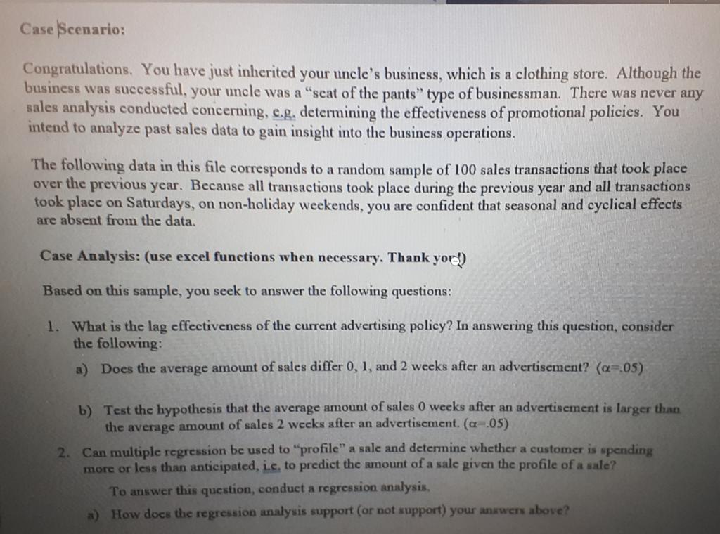 Note This File Corresponds To A Random Sample Of 30 Sales Transactions Not 100 Please Use Excel Functions Such As 1