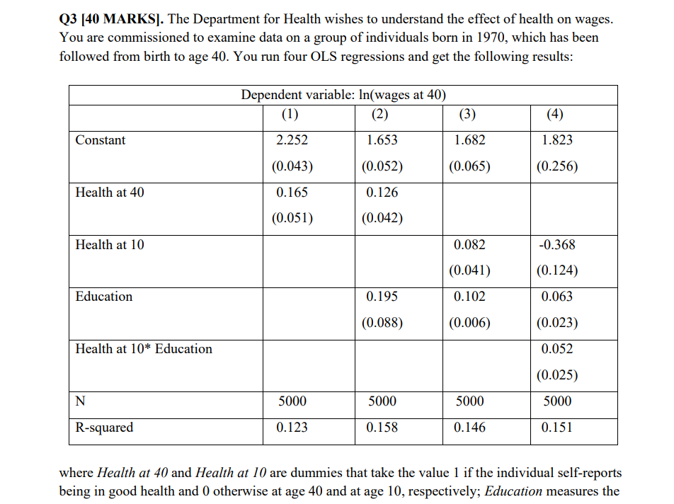 Q3 40 Marks The Department For Health Wishes To Understand The Effect Of Health On Wages You Are Commissioned To Exa 1