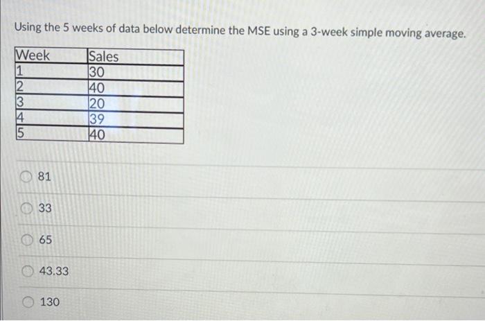 Using The 5 Weeks Of Data Below Determine The Mse Using A 3 Week Simple Moving Average Week 1 2 3 14 5 Sales 30 40 20 3 1