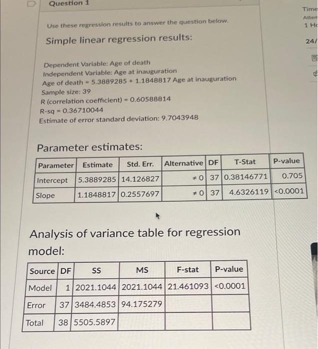 Question 1 Time Atten 1 H Use These Regression Results To Answer The Question Below Simple Linear Regression Results 2 1