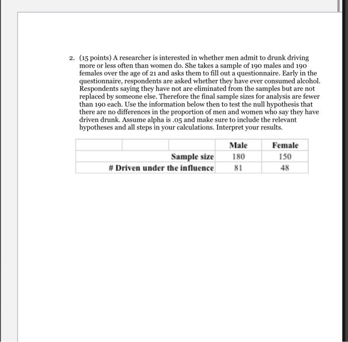 2 15 Points A Researcher Is Interested In Whether Men Admit To Drunk Driving More Or Less Often Than Women Do She Ta 2