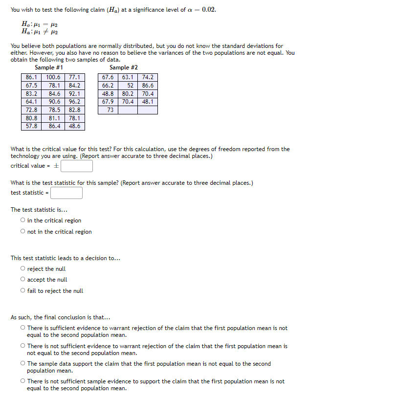 You Wish To Test The Following Claim Ha At A Significance Level Of A 0 02 H H1 12 Hamit M2 You Believe Both Popul 1