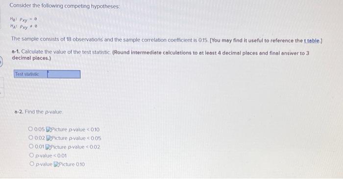 Consider The Following Competing Hypotheses Ho Pxy Hat Pxy The Sample Consists Of 18 Observations And The Sample Corre 1