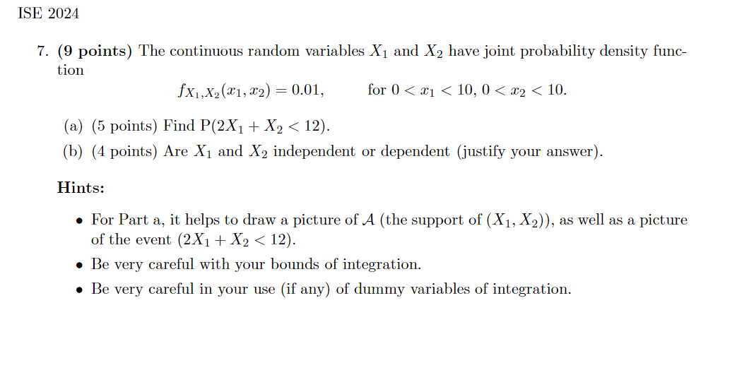 Ise 2024 7 9 Points The Continuous Random Variables X1 And X2 Have Joint Probability Density Func Tion Fx1 X2 X1 X2 1