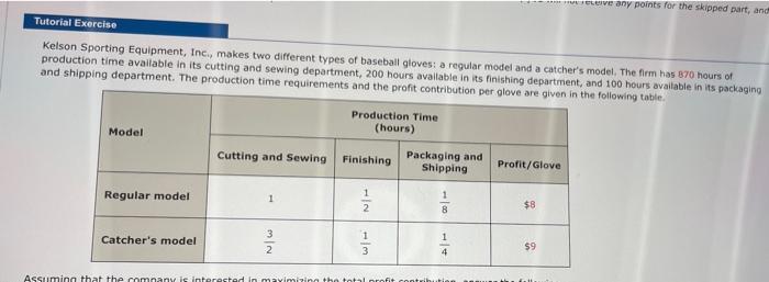 Ve Any Points For The Skipped Part And Tutorial Exercise Kelson Sporting Equipment Inc Makes Two Different Types Of 1