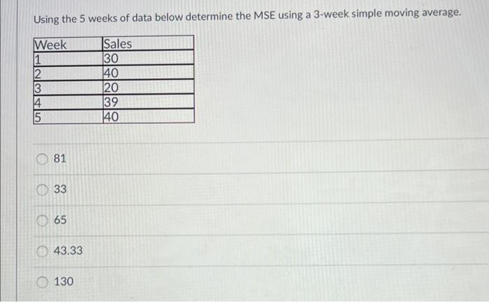 Using The 5 Weeks Of Data Below Determine The Mse Using A 3 Week Simple Moving Average Week 1 2 3 14 15 Sales 30 40 20 1