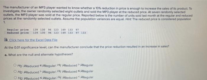 The Manufacturer Of An Mp3 Player Wanted To Know Whether A 10 Reduction In Price Is Enough To Increase The Sales Of Its 1