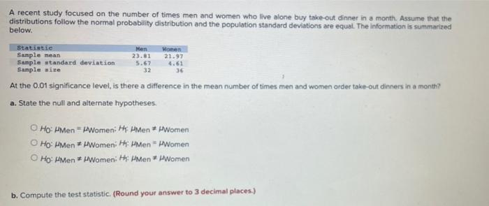 A Recent Study Focused On The Number Of Times Men And Women Who Live Alone Buy Take Out Dinner In A Month Assume That T 1