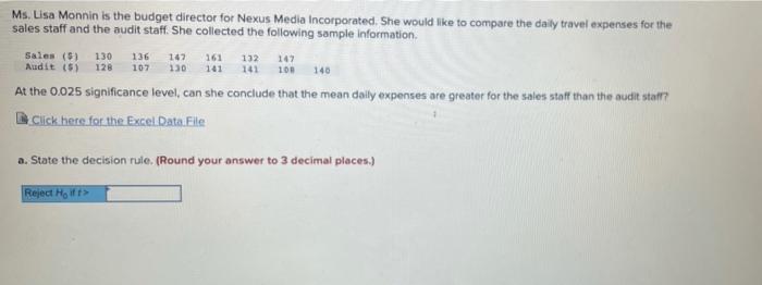136 Ms Lisa Monnin Is The Budget Director For Nexus Media Incorporated She Would Like To Compare The Daily Travel Expe 1