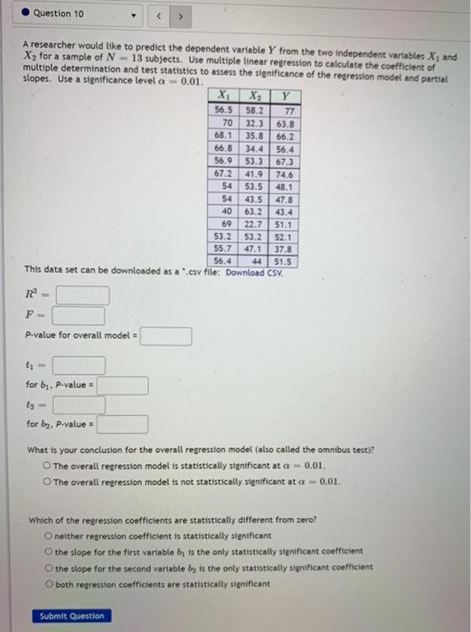 Question 10 A Researcher Would Like To Predict The Dependent Variable Y From The Two Independent Variables X And X For 1