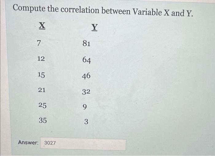 Compute The Correlation Between Variable X And Y X Y 7 81 12 64 15 46 21 32 25 9 35 3 Answer 3027 1