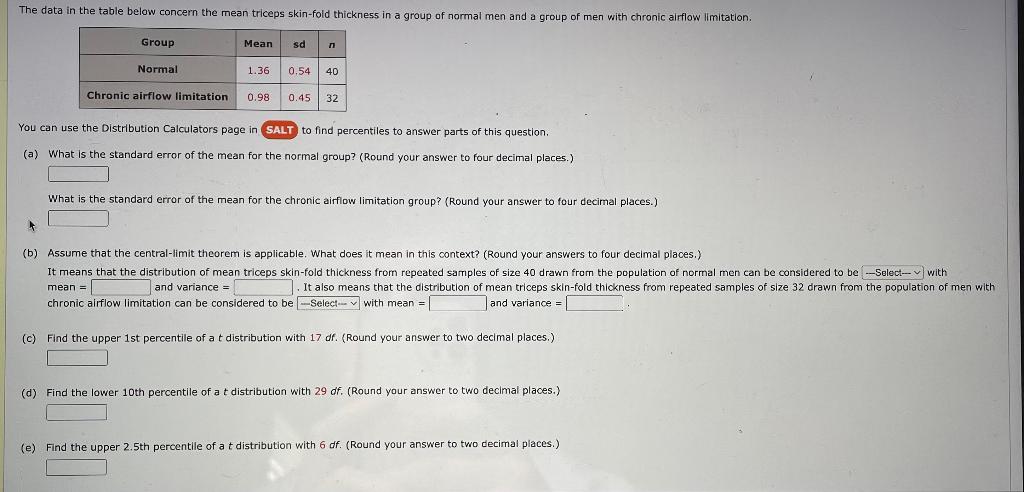 The Data In The Table Below Concern The Mean Triceps Skin Fold Thickness In A Group Of Normal Men And A Group Of Men Wit 1