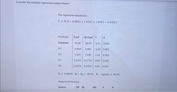 Consider The Multiple Regression Output Shown The Regression Equation Is Y 42 6 6 96x1 1 63x2 1 64x3 0 438x4 P 1