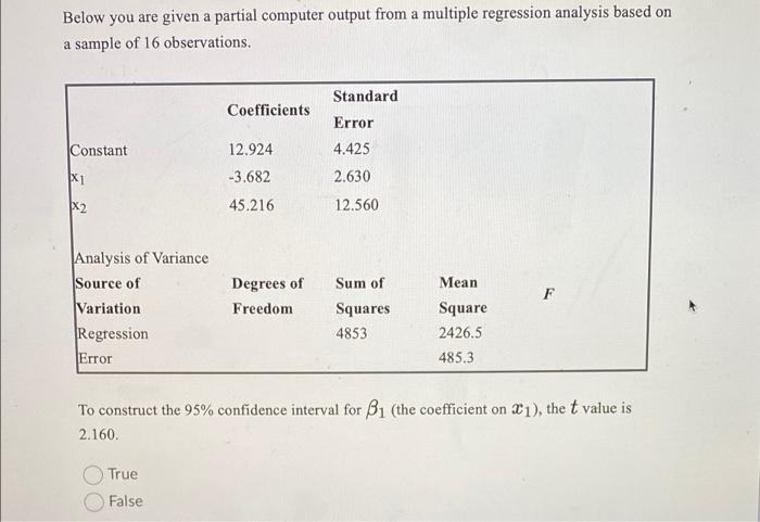Below You Are Given A Partial Computer Output From A Multiple Regression Analysis Based On A Sample Of 16 Observations 1