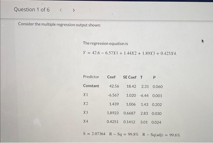 Question 1 Of 6 Consider The Multiple Regression Output Shown The Regression Equation Is Y 42 6 6 57x1 1 44x2 1 1