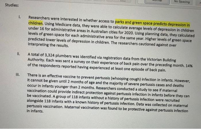 4 Using The Table Provided Below Classify Each Of The Hypothetical Studies L Vi According To A Whether They Are A 2